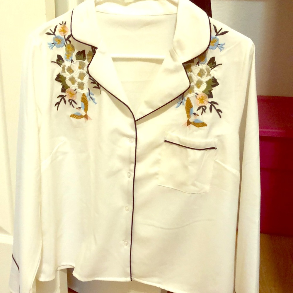 white floral pajama style blouse